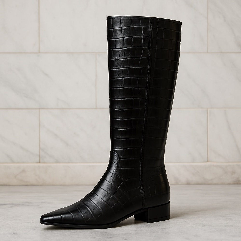 Gianni Bini Black Croc-Embossed Knee Boots